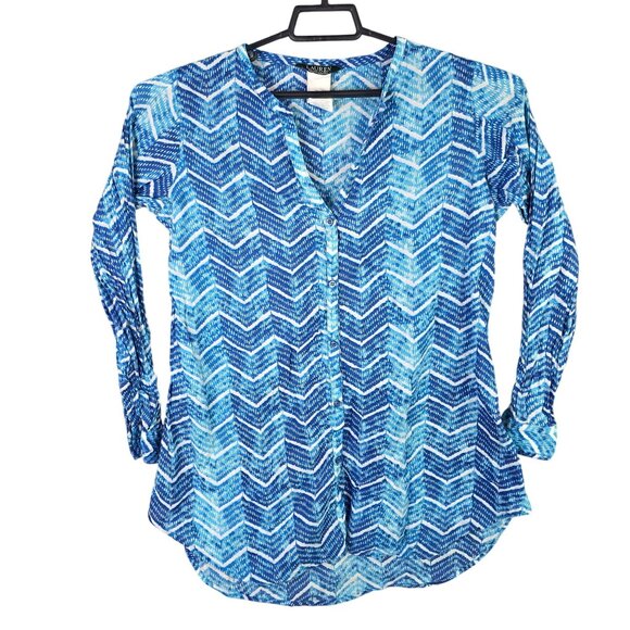 Womens Lauren Ralph Lauren Blue Chevron Blouse Button Down V Neck Long Sleeve S - Picture 1 of 8